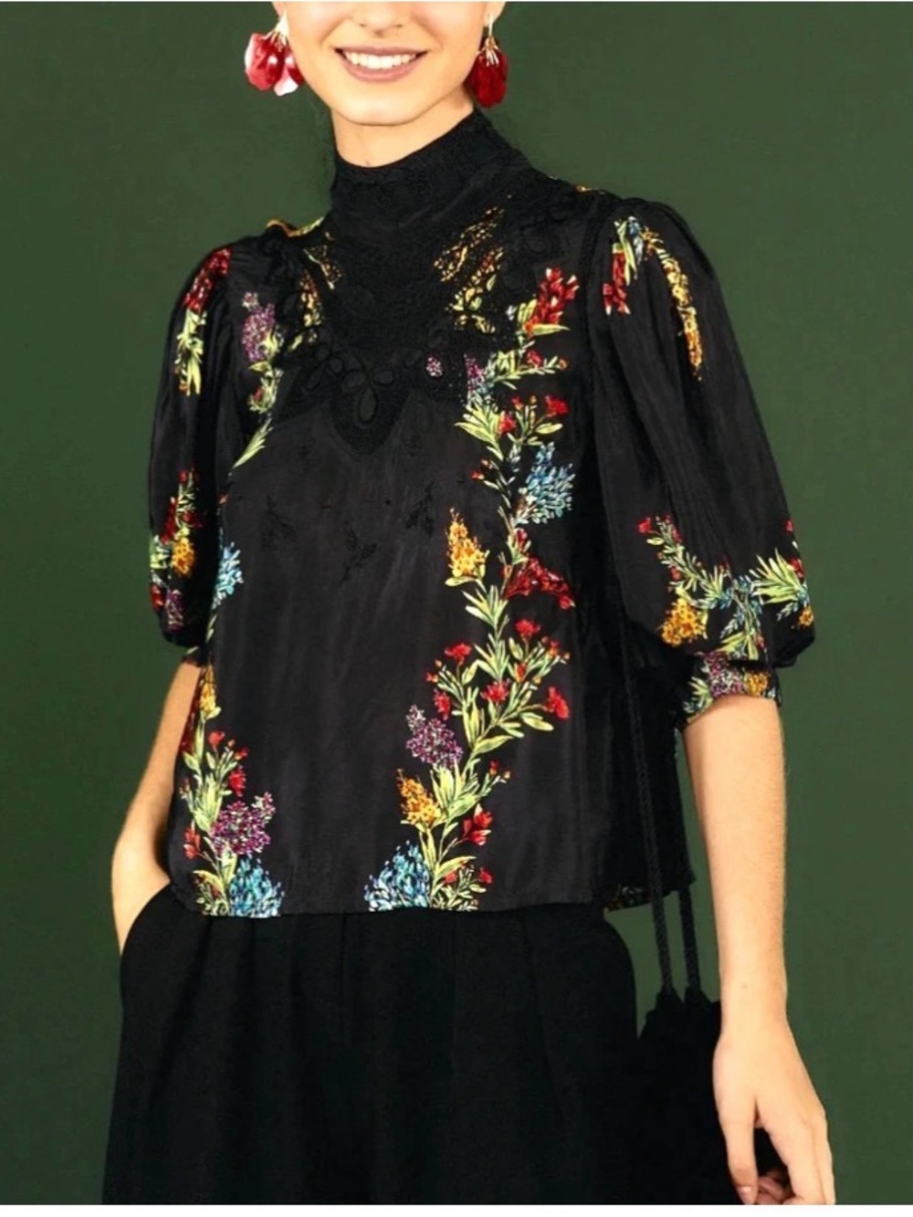 FARM Rio Black Floral Lace Yoke Puff Sleeve Blouse